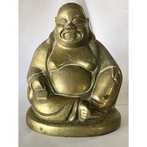 Vintage Bronze Brass Buddha Statue 5 In Smiling Laughing Seated Sitting Figure